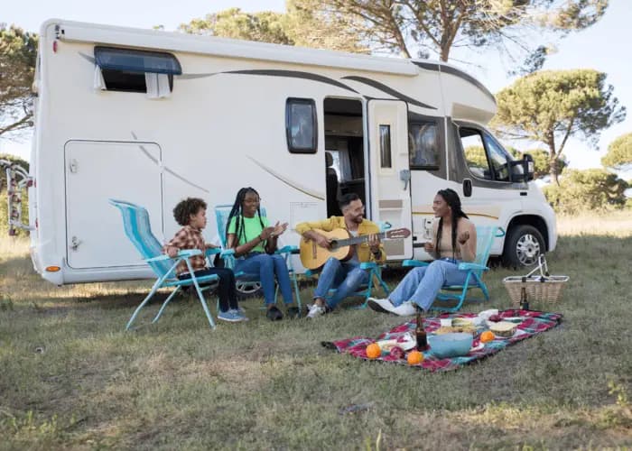 Family outside RV